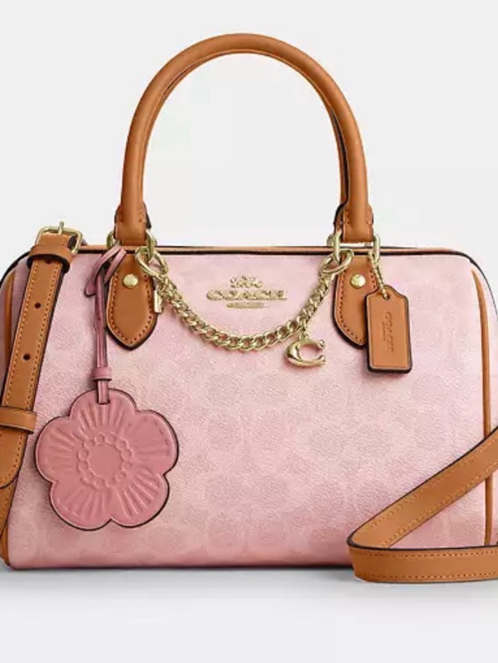 COACH Pink Satchel with Tan Handles and Floral Charm - Picture 2 of 3